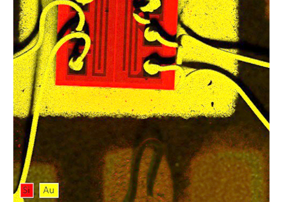 Elementverteilungsbild aus einer energiedispersiven Röntgenmikrobereichsanalyse (EDX) eines Chips: Silizium-Substrat (rot) und Golddrähte zur Kontaktierung (gelb)