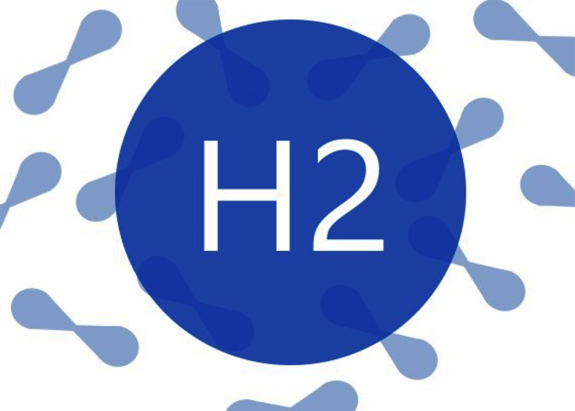 Im Zentrum des Bildes steht ein blauer Kreis, in dem die chemische Formel für Wasserstoff H2 in weißen Zeichen steht. Um den Kreis herum schweben mehrere H2-Moleküle.