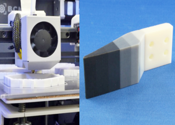 : Ein neues Werkstück (rechts abgebildet), das im 3D-Drucker (links) modelliert wurde.