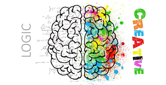Das Bild zeigt die stilisierte Darstellung des Gehirns und seiner zwei Hälften. Die linke Hälfte ist schwarz-weiß dargestellt, in ihr kreisen viele naturwissenschaftliche Abkürzungen, Formelzeichen und Formeln. Neben dieser Hirnhälfte ist das englische Wort LOGIC (deutsch: Logik, logisch) in grau geschrieben. Die rechte Hälfte dagegen ist sehr wild und bunt. Neben ihr steht das englische Wort creative (deutsch: kreativ). Jeder Buchstabe hat eine andere Farbe.
