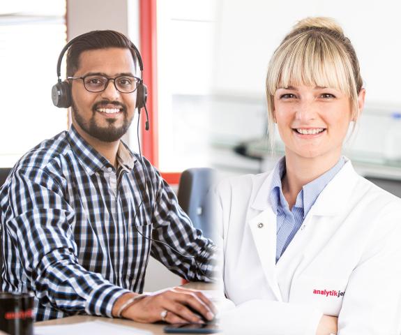 Eine Collage mit zwei Bildern, links ein Mann am Schreibtisch mit Headset, rechts eine Frau im Laborkittel