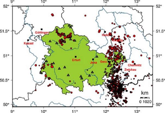 Thüringenkarte mit Seismometern und Erdbeben