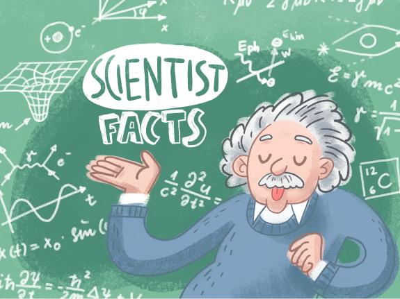 Ein selbst gezeichnetes Bild, das im Hintergrund eine (Schul-)Tafel zeigt, an der diverse Formeln und Berechnungen sowie Graphen zu sehen sind. In der Mitte steht in Großbuchstaben zu lesen „Scientist Facts“. Vor der Tafel steht ein älterer Herr mit wirrem grauen Haar, blaugrauem Pullover, unter dem er ein weißes Hemd trägt. Er hebt die Hand erklärend zur Tafel, hat die Augen geschlossen und – auffällig! – steckt seine Zunge heraus. An wen also erinnert er? … Genau an den!