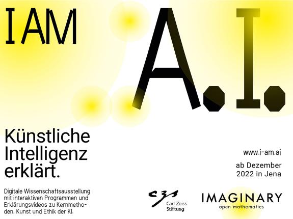„Grafischer Hintergrund (gelb/weiß) mit Text und Logos zur Ausstellung „I AM A.I. – Künstliche Intelligenz erklärt“, ab Dezember 2022 in Jena.“