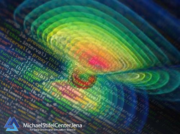 „Überblendung einer vielfarbigen Darstellung einer simulierten Welle und farbigem Software-Code. Logo des Michael Stifel Center Jena im Vordergrund.“