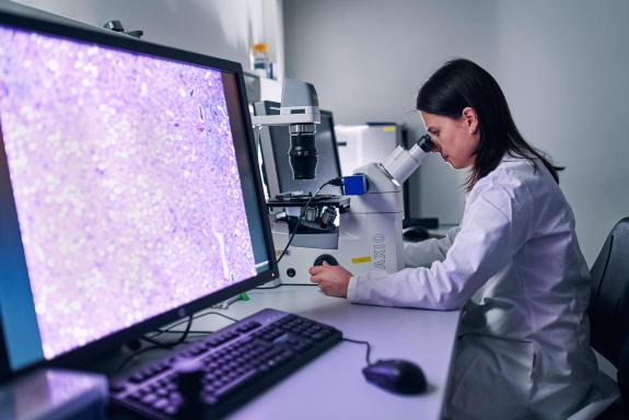 Auf einem Bildschirm ist ein mikroskopisches Bild zu sehen, eine Frau im Laborkittel blickt in ein Mikroskop