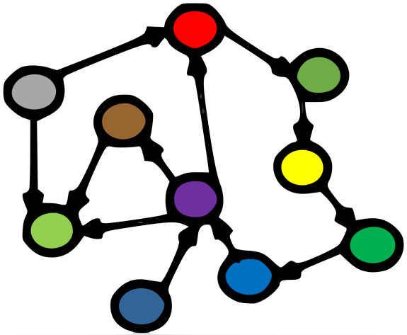 Abstrakte Darstellung eines Wissensgraphen mit farbigen Knoten und Kanten.