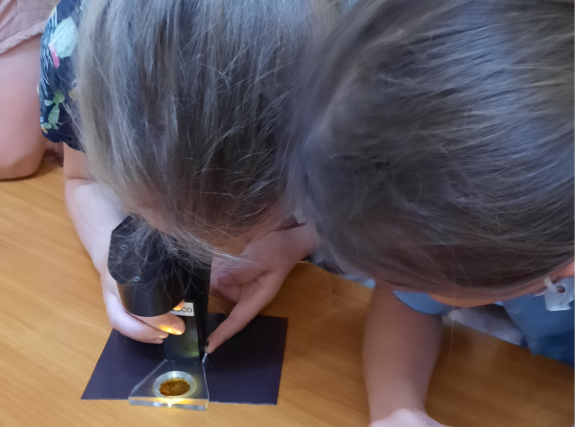 zwei Kinder schauen durch ein Gerät, welches Magnetstreifen sichtbar macht