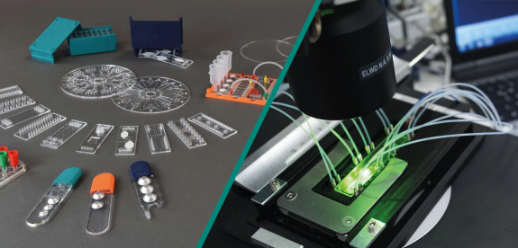 Links: Verschiedene Mikrofluidik-Chips aus dem microfluidic ChipShop Sortiment; Rechts: Ein mikrofluidisches Chip-Setup unterm Mikroskop.