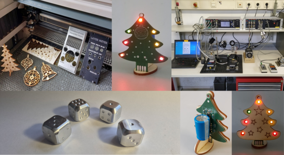 Oben links: Von einem Laser ausgeschnittene hölzerne Weihnachtsdeko, oben mitte: Weihnachtsbaum mit LED-Leiterplatte, oben rechts: Demonstration Schrittmotorsteuerung, unten links: Würfel aus Aluminium, unten rechts: Vorder- und Rückansicht des LED-Leiterplatten-Weihnachtsbaums.