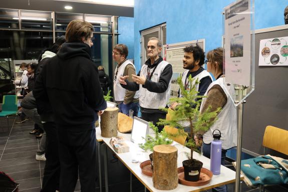 Forschende an einem Infostand zum Boirkenkäfer