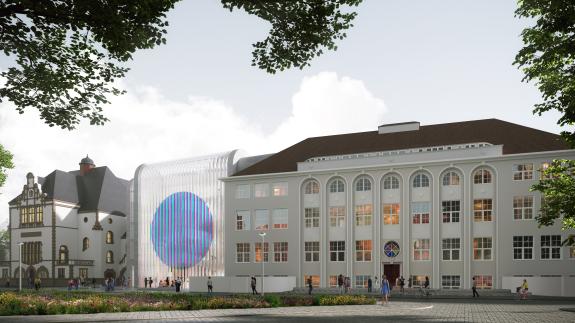 Ansicht des zukünftigen Museums, links daneben das Volkshaus, danach folgt der Neubau mit der künstlerischen Glasfassade, daneben schließt das Gebäude der ehemaligen Optikerschule an.