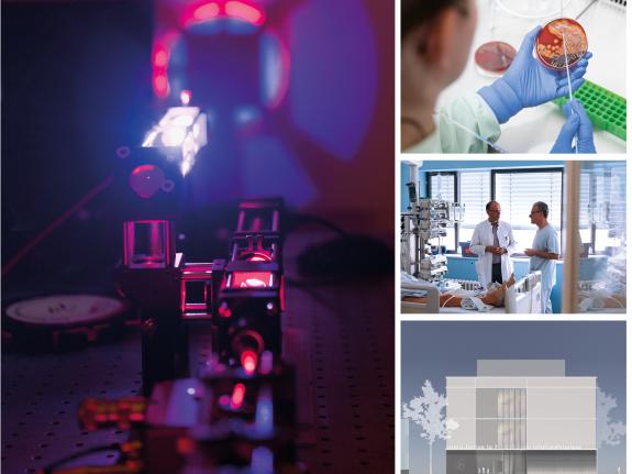 Kollage: links ein Laseraufbau, rechts oben: Arbeit unter einer Sterilbank, rechts mitte: Patientengespräch in der Klinik, rechts unten: Silhouette des LPI