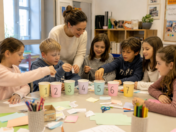 Mehrere Kinder sitzen an einem Tisch und basteln. Eine junge Frau steht daneben und hilft ihnen.  