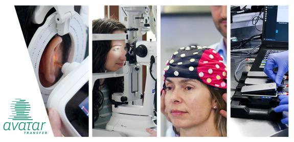 Eine Kollage von Anwendungsfällen im AVATAR-Transfer Projekt. Links: Hörgesundheit; mitte-links: Ophtalmologie; mitte-rechts: EEG; rechts: Sequenzierung.