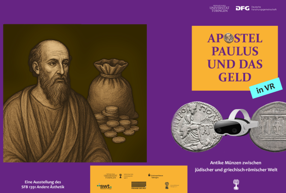 Plakat der Wanderausstellung "Apostel Paulus und das Geld – in VR." zeigt den Apostel Paulus, Münzen, VR-Brille und Text. 