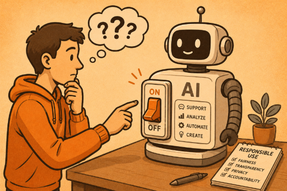 im Comicstil: junger Mann sitzt vor Roboter; sein Finger schwebt über dem An-/Ausschalter