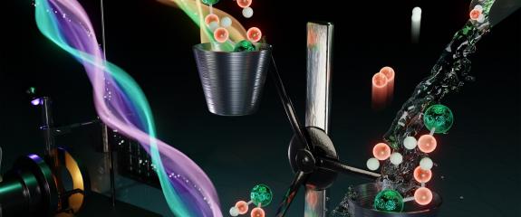 Das Bild zeigt die Absorption von Licht durch einen Katalysator und Zugabe von Wasser zur Produktion von Wasserstoff.