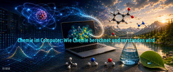 Das Bild zeigt Diagramme, Atommodelle, eine Naturlandschaft, einen Erlenmeyerkolben mit Flüssigkeit und in der Mitte steht ein aufgeklappter Laptop