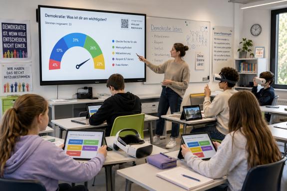Das Foto zeigt einen modernen Unterrichtsraum, in dem Schülerinnen und Schüler mit Tablets und VR-Brillen arbeiten. Die Lehrkraft moderiert eine Unterrichtseinheit zur Demokratiebildung. Auf einem interaktiven Bildschirm wird ein digitales Meinungsbarometer mit den Ergebnissen einer Umfrage angezeigt. Das Bild verdeutlicht, wie digitale Medien demokratische Teilhabe, Meinungsbildung und aktives Lernen im Schulunterricht fördern können.