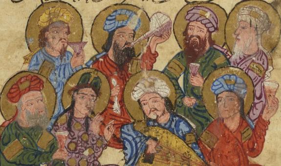 Arabische Miniatur aus den Maqāmāt des al-Ḥarīrī mit einer Szene eines geselligen Trinkgelages.