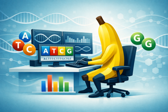Eine Banane sitzt an einem Schreibtisch, vor ihr auf dem Bildschirm ist eine vereinfachte DNA dargestellt.