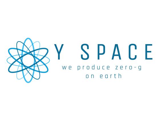 Grafik von blauen Ovalen, übereinanderliegend, daneben der Schriftzug "Y-Space - we produce zero-g on earth"