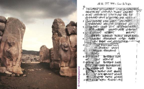 Löwentor in der hethitischen Hauptstadt Hattuša (links) und Abzeichnung des hethitischen Anitta-Textes (rechts)