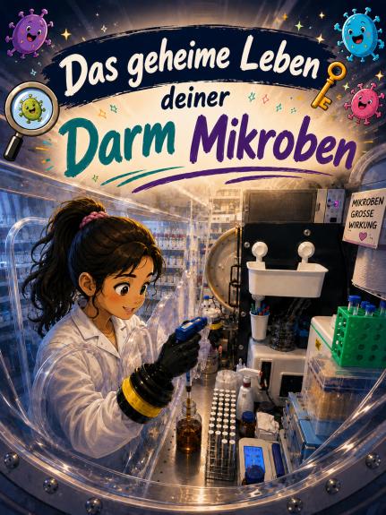 Poster mit Laborbild zum Thema das geheime Leben deiner Darm Mikroben