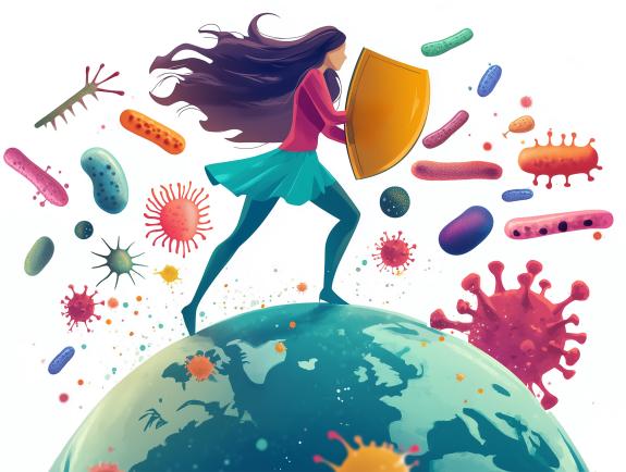 A colour illustration of a female superhero standing on a globe, holding a large shield. Numerous microorganisms of various shapes are floating around her.