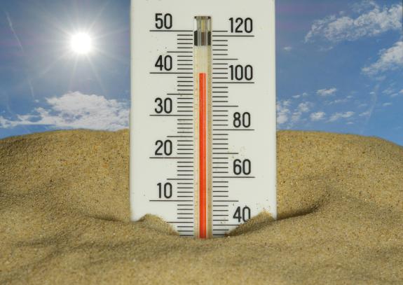 The thermometer in the sand reads 40°Celsius